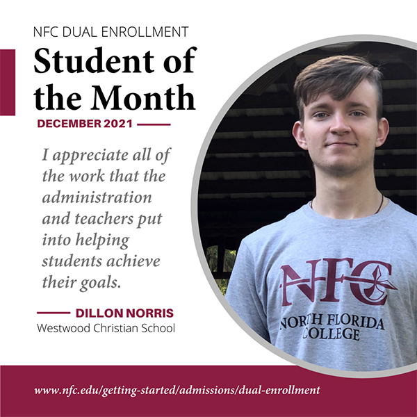 NFC Dual Enrollment December 2021 Student of the Month Dillon Norris