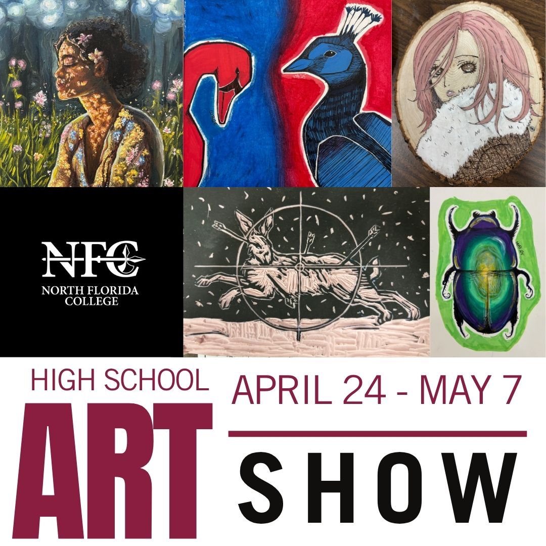 Image of artworks by high school students. Promotion of High School Art Show April 24-May 7 at the Hardee Center for the Arts.